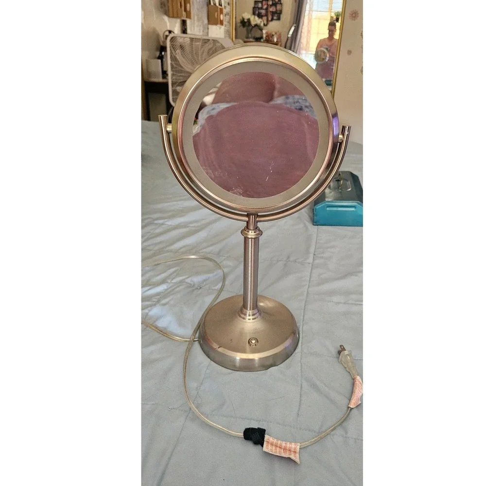 Brushed Nickel Double Sided Lighted Vanity Mirror Tabletop360 Swivel Makeup Lamp